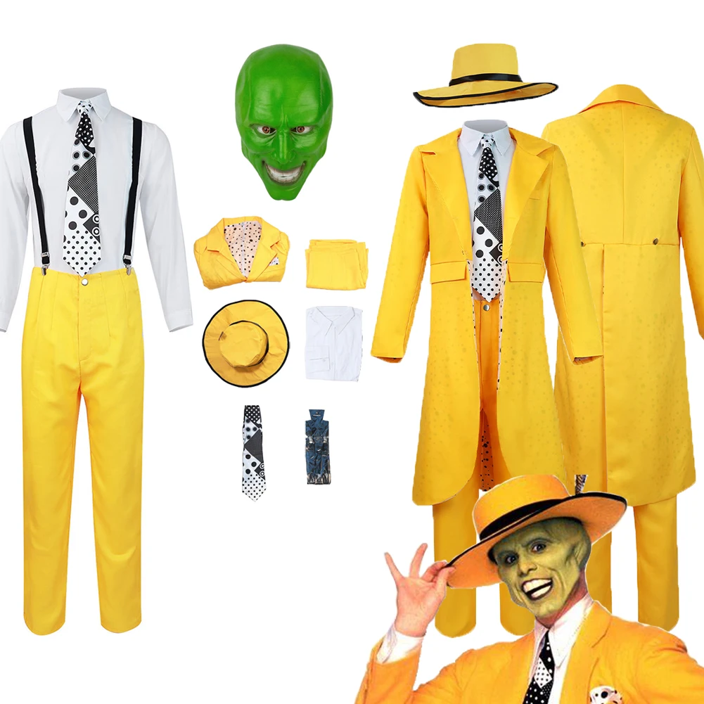 

Movie The Mask Cos Jim Carrey Cosplay Costume Outfits Yellow Clothes Mask Outfits For Men Roleplay Halloween Carnival Party Suit