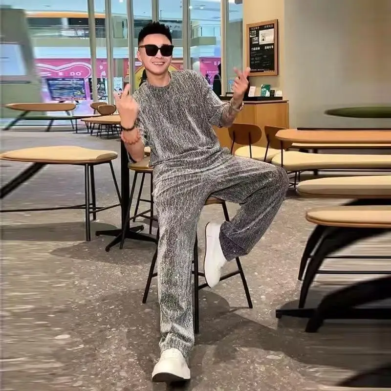 Men's Summer New Light Luxury All Over Star Rhinestone Short Sleeve Long Pants Loose Breathable Trendy Influencer Set