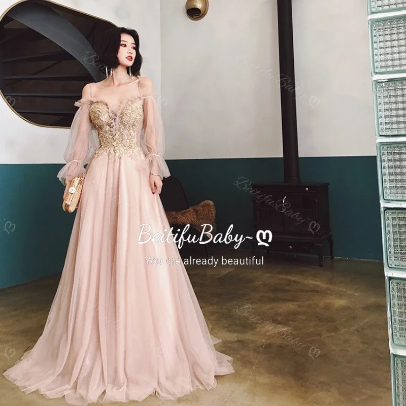 Customized Evening Dress for Women Elegant Off The Shoulder Long Sleeved Palace Style Banquet Ball Gown Prom Dresses Vestidos