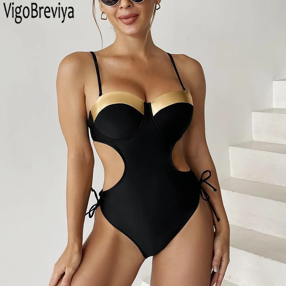 VigoBeviya 2024 Black Strapped Swimwear Women Sexy Hollow Push UP One Piece Swimsuit Monokini Blackless Beach Bathing Suit