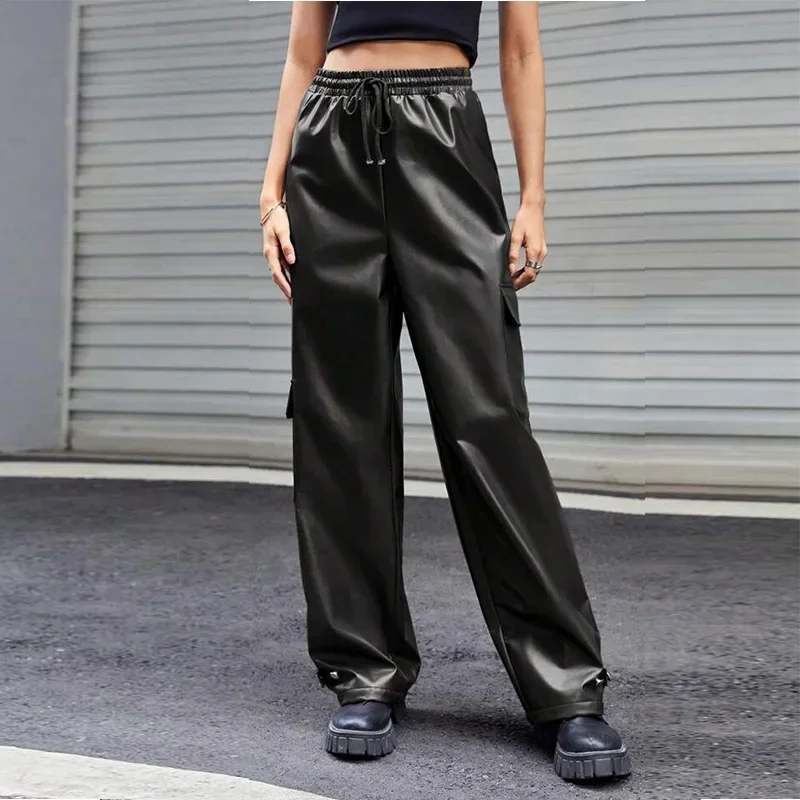 Matte Faux Leather Women Wide Leg Cargo Pants Stretch PU Lady Casual Trousers Fashion Couple Style New Hot Street Costume Custom