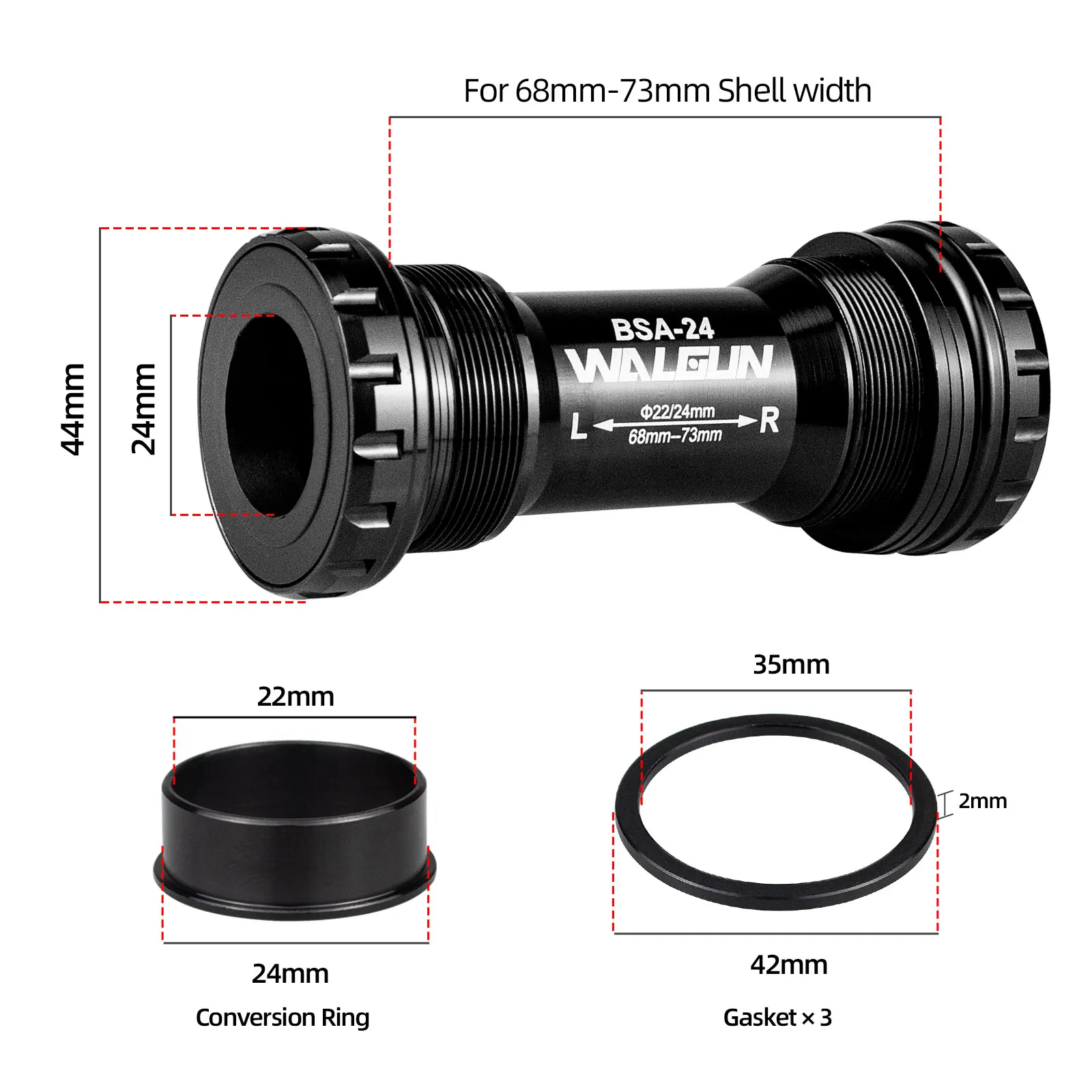 Walgun Bicycle Bottom Bracket BSA Thread Kit Road MTB Bike Frame 68/73 for Axis 24/22 and 29/30mm for Shiman SRM GXP Crankset