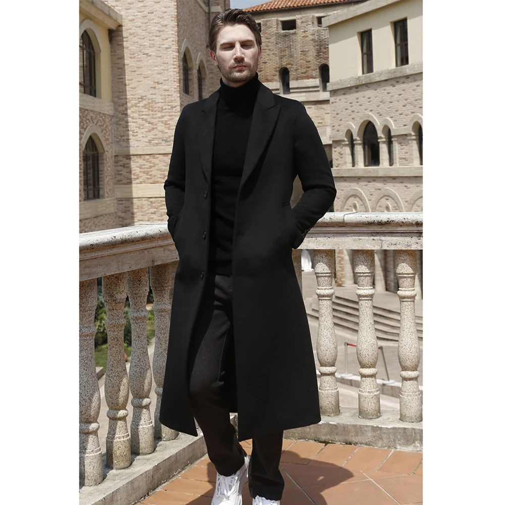 2023 New Men Suits Blazer Classic Black Peak Lapel and Double Breasted Wool Long Jacket Casual Slim Fit Men's Coat Only 1 Coat