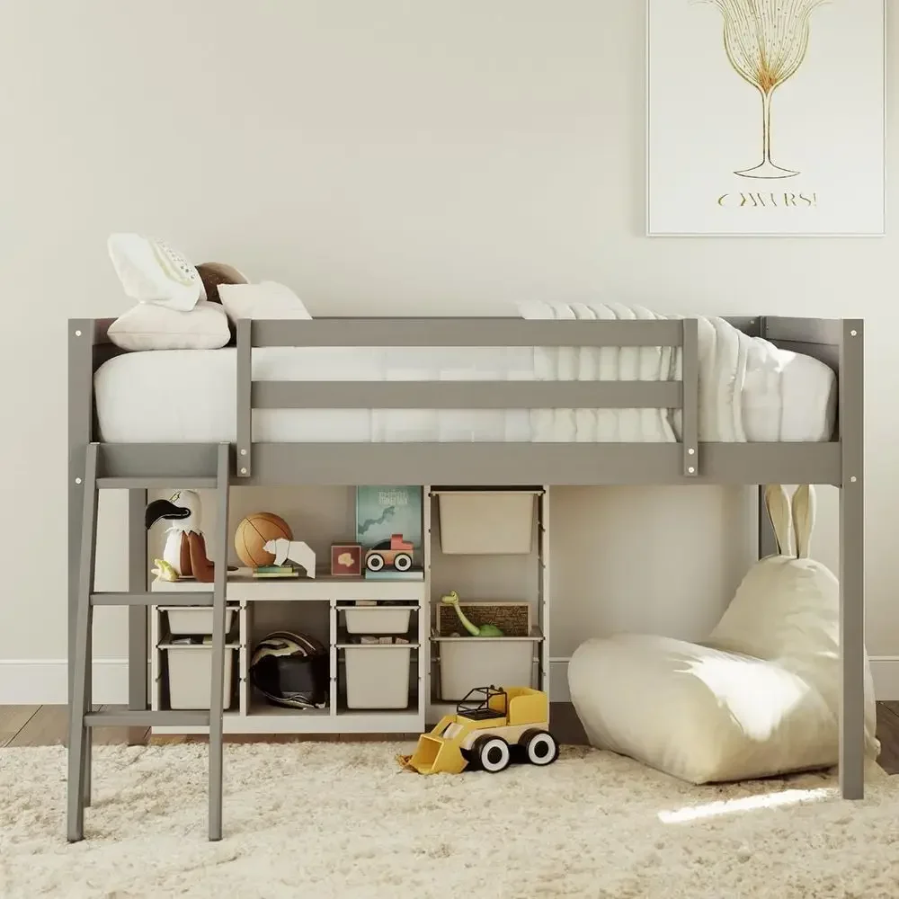 Twin Size Grey Wooden Bed with Ladder and Guardrail for Kids or Teens, Space-Saving, No Box Spring Needed
