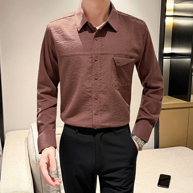 Men's British Style Solid Color Long Sleeve Shirt - Autumn Casual Urban Lapel Collar Shirt with Chest Pocket, Regular Fit