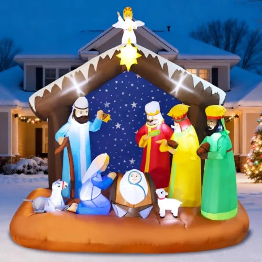 

Outdoor inflatable nativity scene for Christmas yard decoration, PVC material, white and gold, built-in LED lights, 7 x 7FT