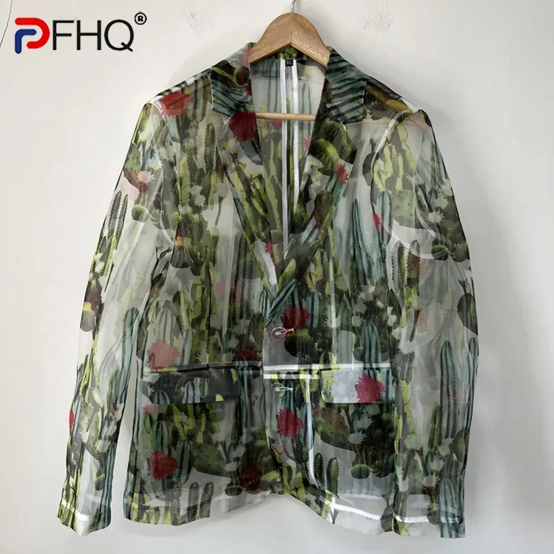 

PFHQ Cactus Print Perspective Blazers Men's Organza Summer Breathable Art Light Luxury Comfortable Advanced Jackets Male 21Z4639