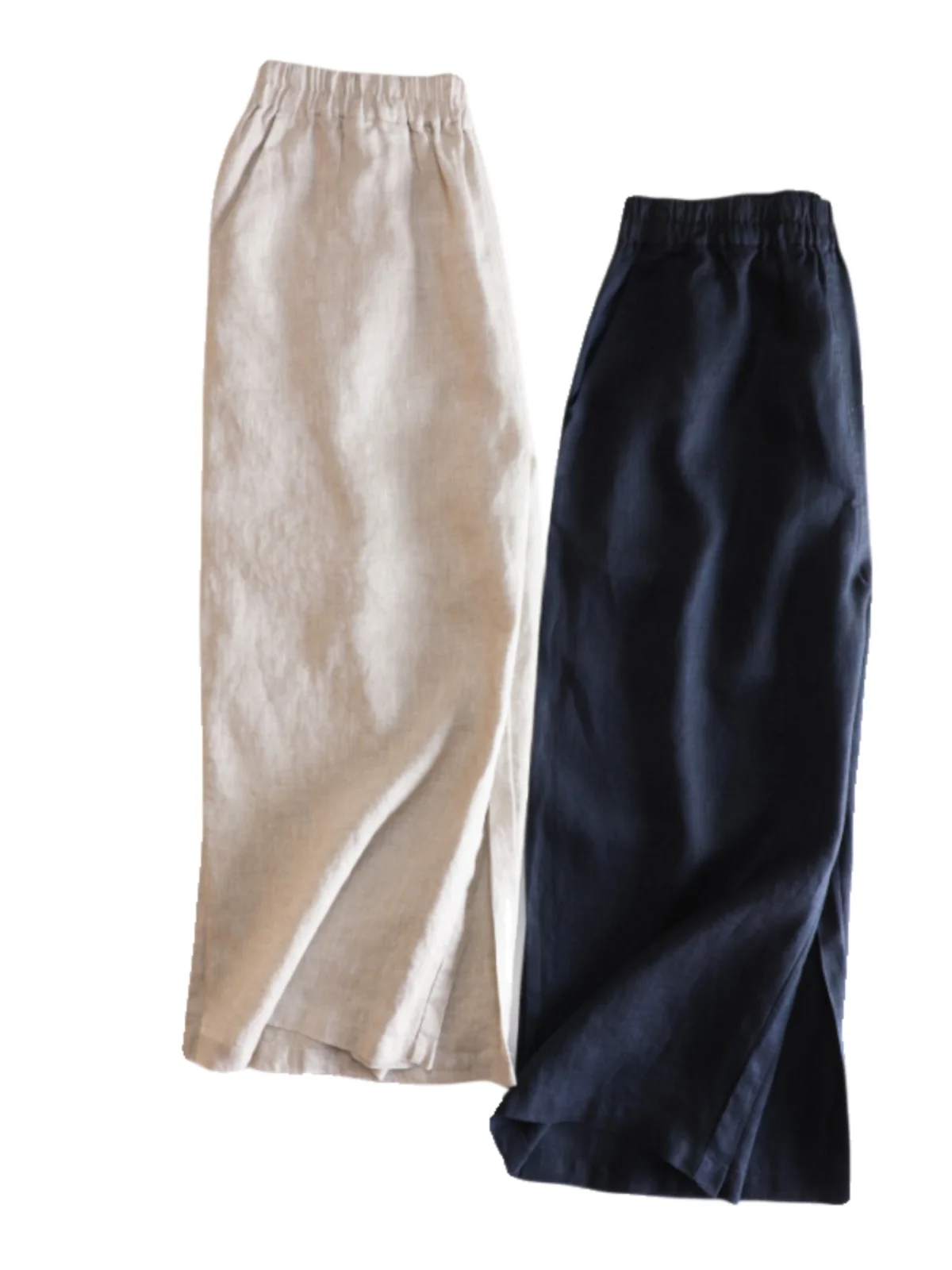 Comodi pantaloni larghi a sette piedi a gamba larga Pantaloni estivi da donna Faion Artistico in puro lino elastico in vita con taglio dritto