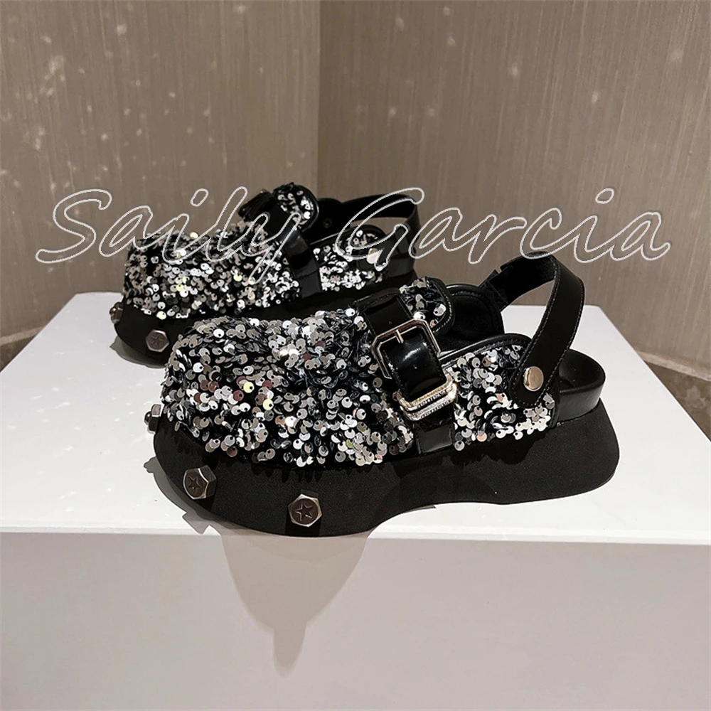 Sequin Cloth Colorful Back Strap Chunky Heel Sandals 2024 Summer New Metal Rivet Casual Shoes Round Toe Platform All-Match Shoes