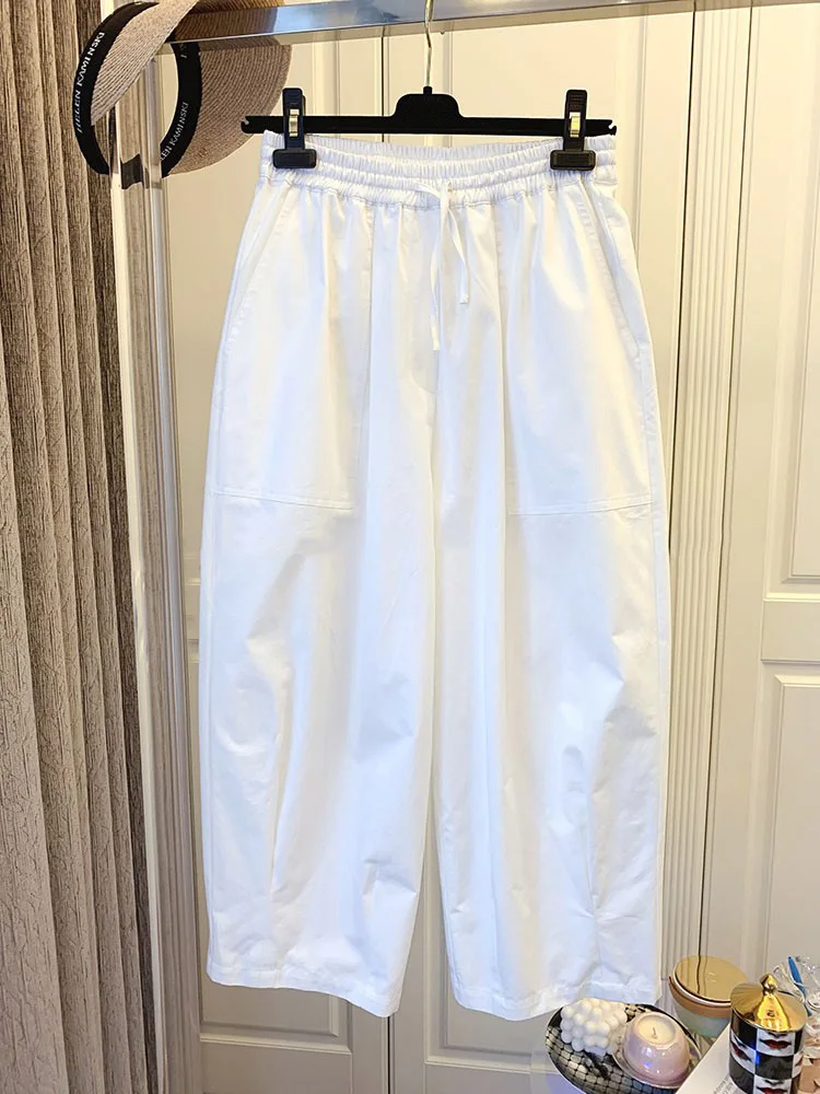 

Повседневные широкие брюки в корейском стиле, универсальные, укороченные (до щиколотки), с этикеткой, женские модные брюки для офиса, натуральный стиль