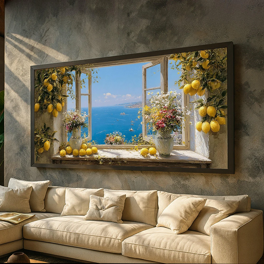 Canvas Mediterranean Sea view, wall art open window, lemon tree and flower still life, coastal home living room decor, no frame