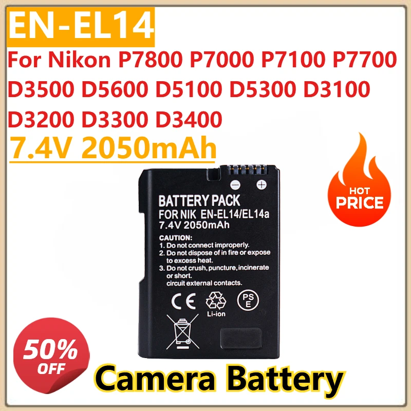 

7.4V 2050mah EN-EL14a EL14 CAMERA BATTERY EN-EL14 For Nikon D5600 D5300 D3100 P7800 P7000 P7100 P7700 D3500 D3200 D3300 D3400
