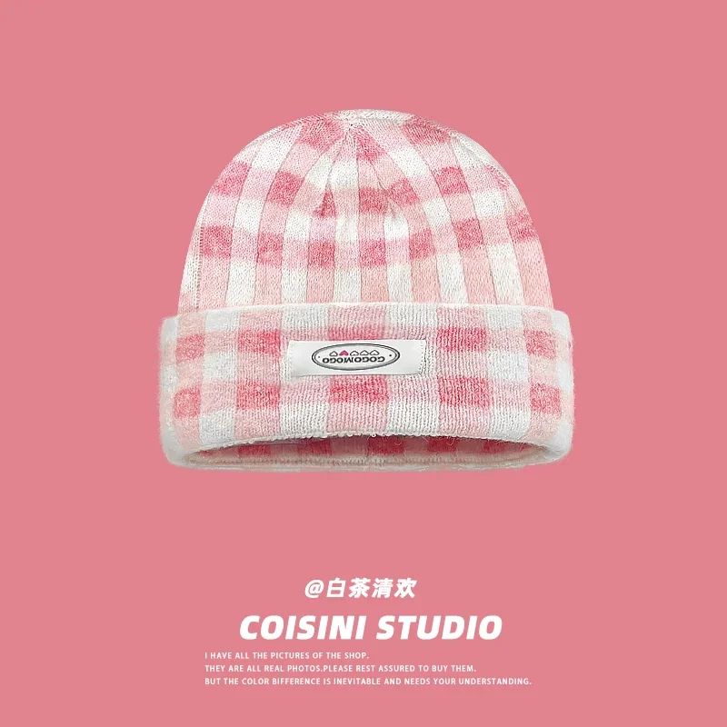 Ins Dopamine Colourful Checked Knitted Hats for Women Autumn and Winter Casual Warm Fashion Korean Sweet Beanies Cap Y2K