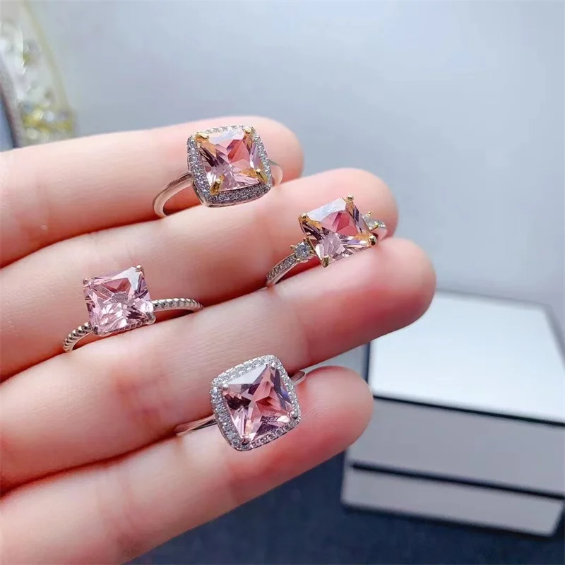 

Authentic 925 Silver Square Shape Morganite Ring for Women Girl Gift Fine Female Engagement Ring Fashion Jewelry