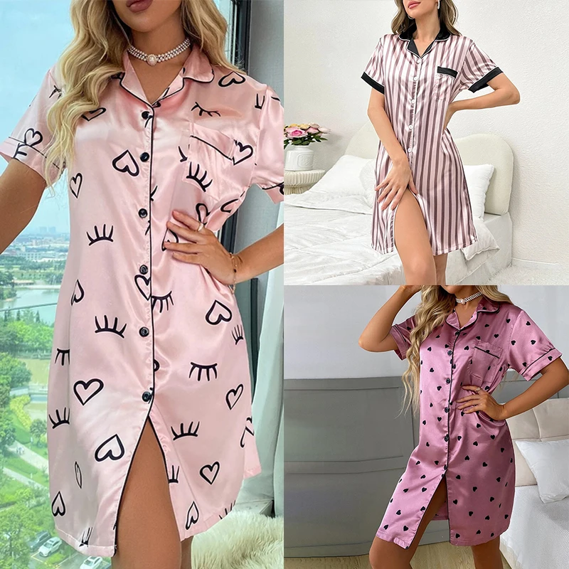 Dames Nachtjapon Satijnen Knoop Naar Beneden Korte Mouw Roze Streep Print Sleepshirt Boyfriend V-Hals Nachthemd Nachtkleding Nachtkleding Nachthemd