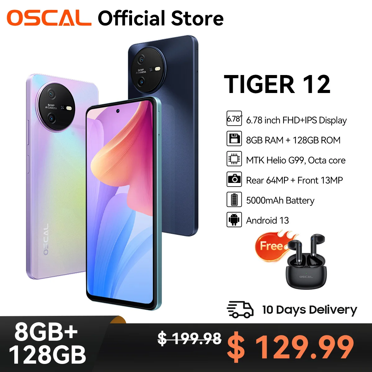 [World Premiere] OSCAL TIGER 12 Android13 MTK Helio G99 6.78'' 120Hz 2.4K Display 24GB(12+12)  256GB 64MP 5000mAh Battery NFC