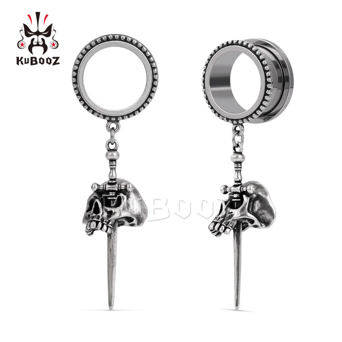 KUBOOZ Gothic Dark Skull Dangle Ear Tunnels Stainless Steel Ear Plugs Gauges Body Piercing Jewelry for Men Women 1Pair