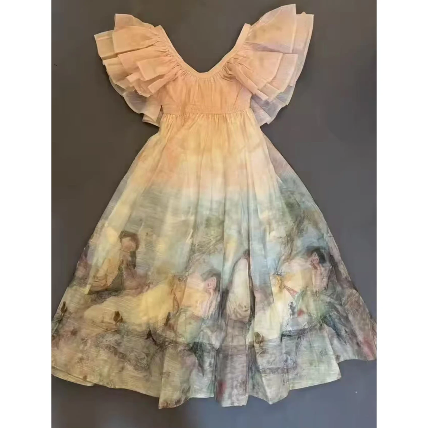 

Vacation-style fashionable ruffled patchwork U-neck oversized hem long dress