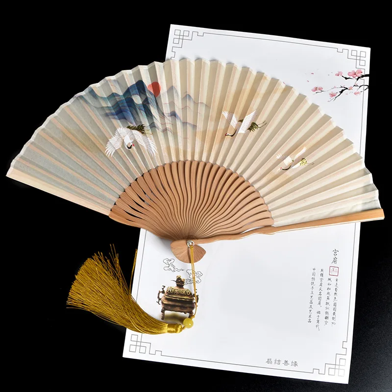 Crane Women's Folding Fan Chinese Antique Style Portable Summer Fan Hanfu Cheongsam Dance Decoration Fans Photography Prop