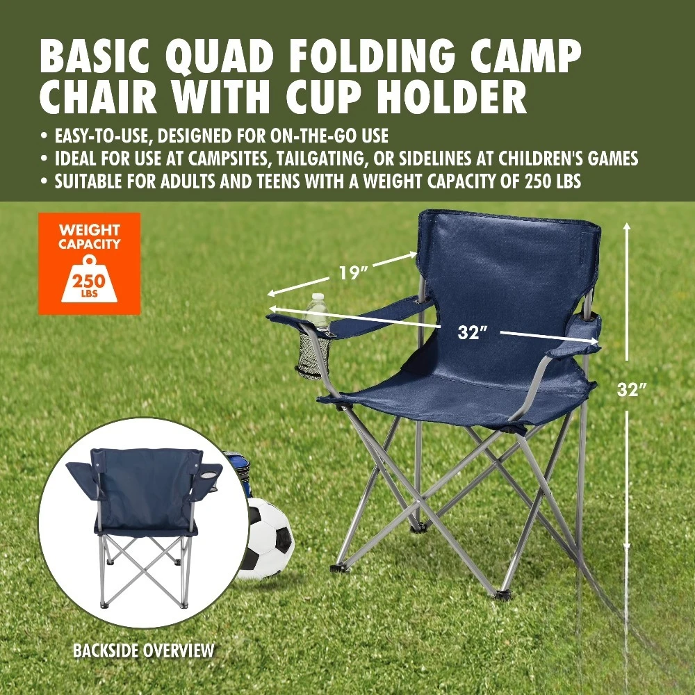 Camping Quad - ポータブル折りたたみ四脚キャンプチェア カップホルダーとキャリーバッグ付き アウトドアフィッシングビーチフェスティバル用 ダークブルー