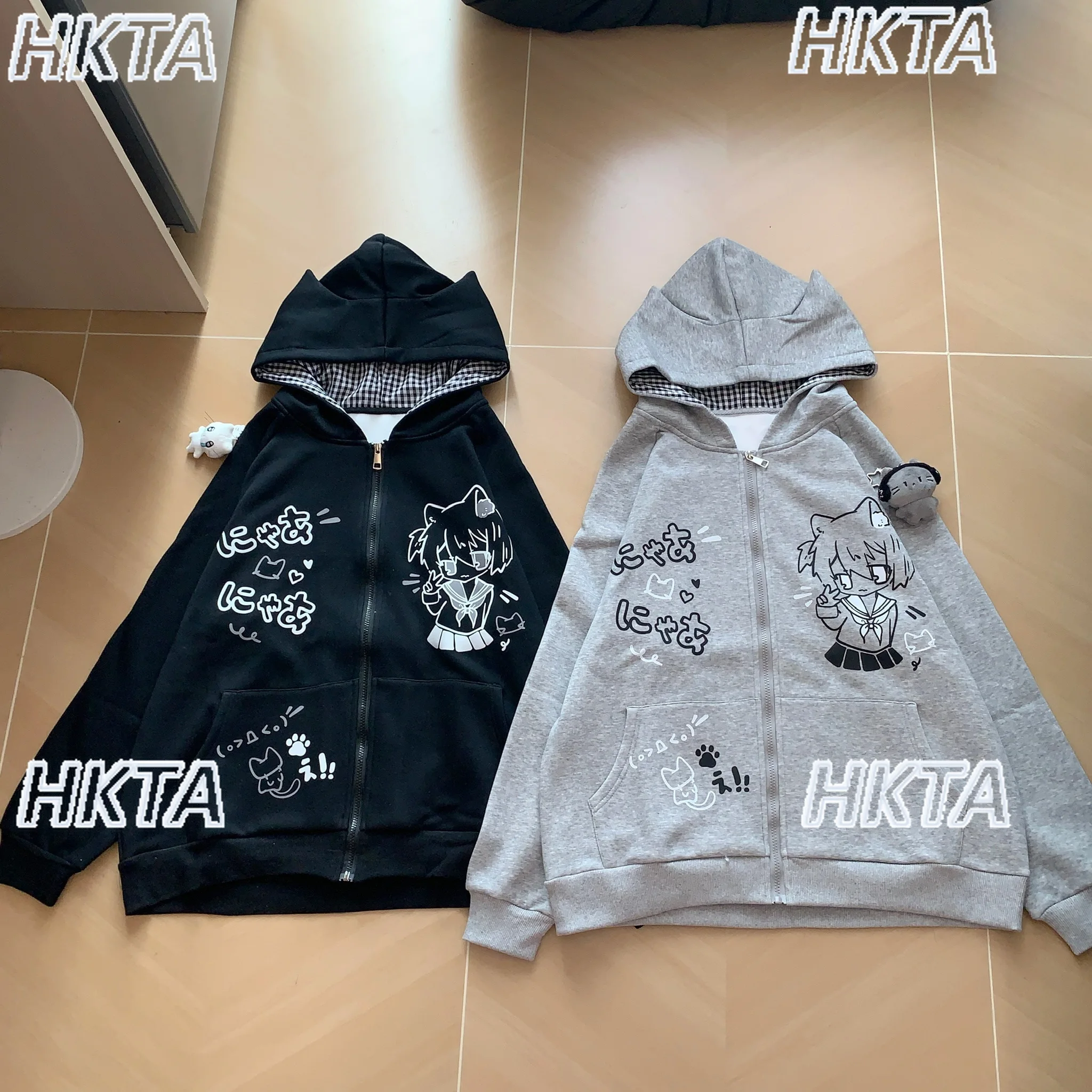 Dulce diario a cuadros lindo estampado de dibujos animados de manga larga sudaderas con capucha abrigo de invierno cálido chaqueta de terciopelo suelta bidimensional para mujer