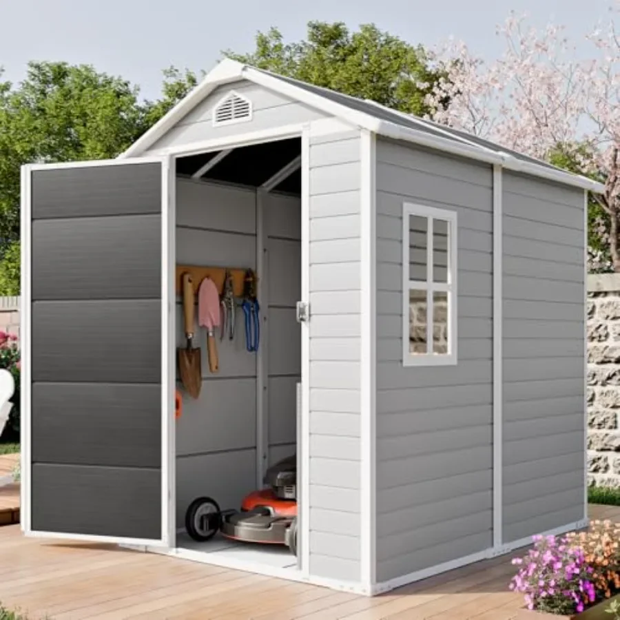 6x4 FT resin storage shed for outdoor use, gray color, weather-resistant and lockable door with floor included