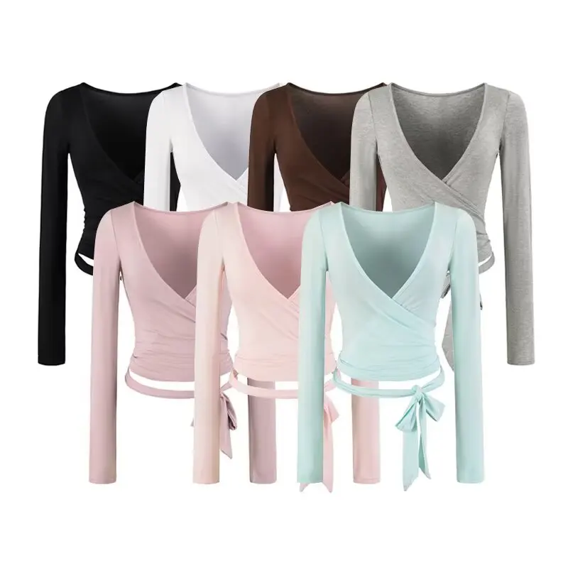 Slim Fit Short Sleeveless T-shirt Women's Ballet Style Blue Cross Tie Long Sleeve V-neck Short Cardigan Top Hot Sale Item