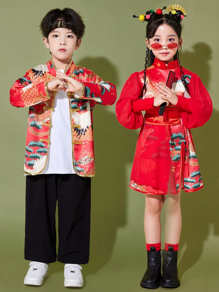 Kids Cheongsam Hanfu Costume Dragon Print Red Tops Black Pants for Girls Boys Chinese Traditional Clothing