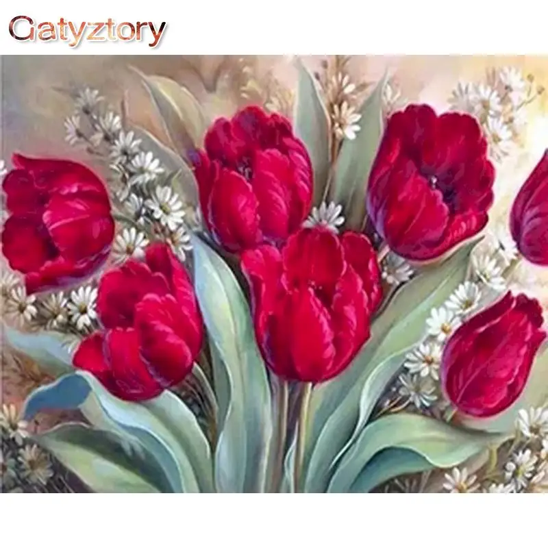 

GATYZTORY Red Flower DIY Painting By Numbers Hand Painted Acrylic Picture Wall Art Modern Oil Painting For Wedding Decoration