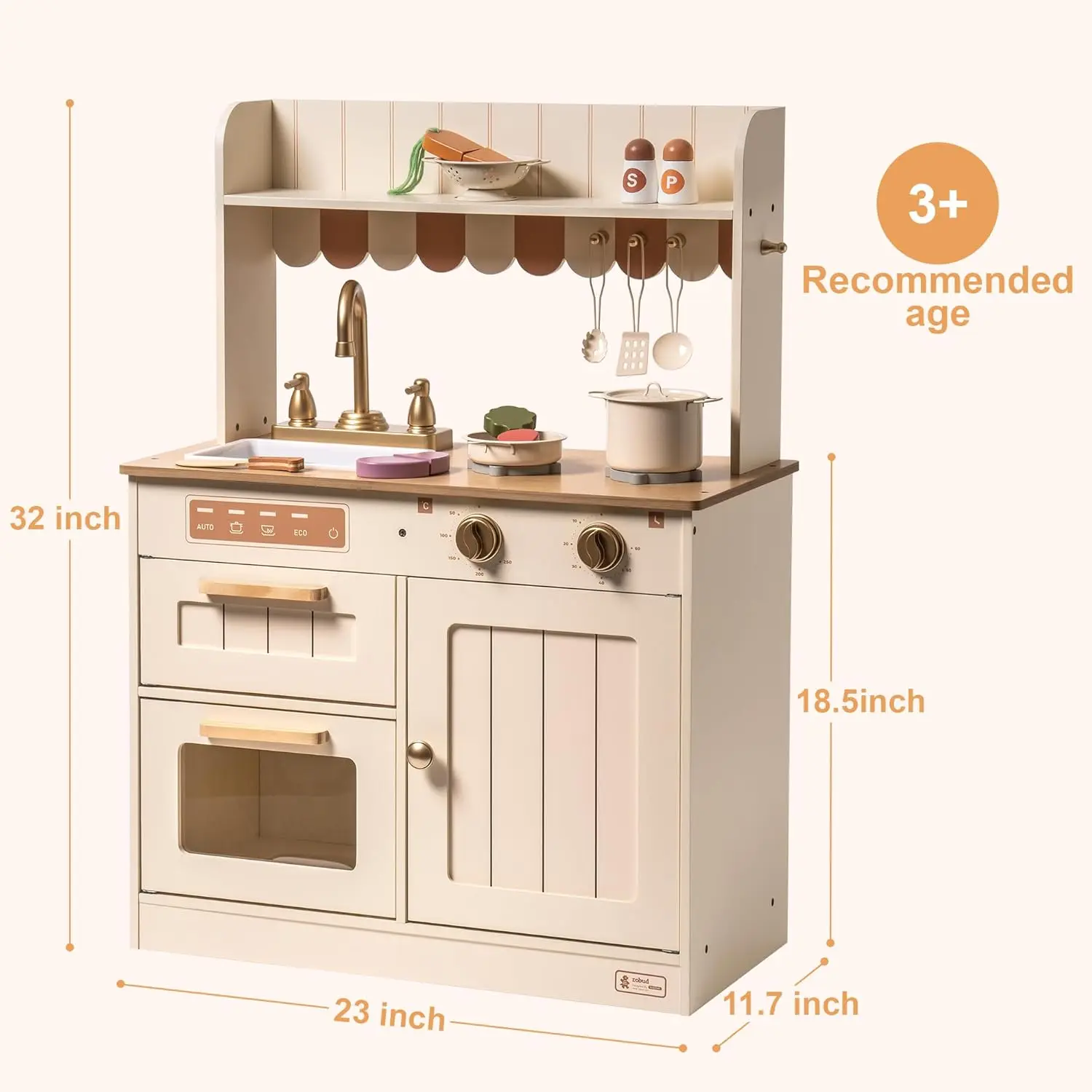 Jogo de brinquedo de cozinha para crianças, torneira dourada, pia, forno, fogão, armário, estilo vintage, cozinha