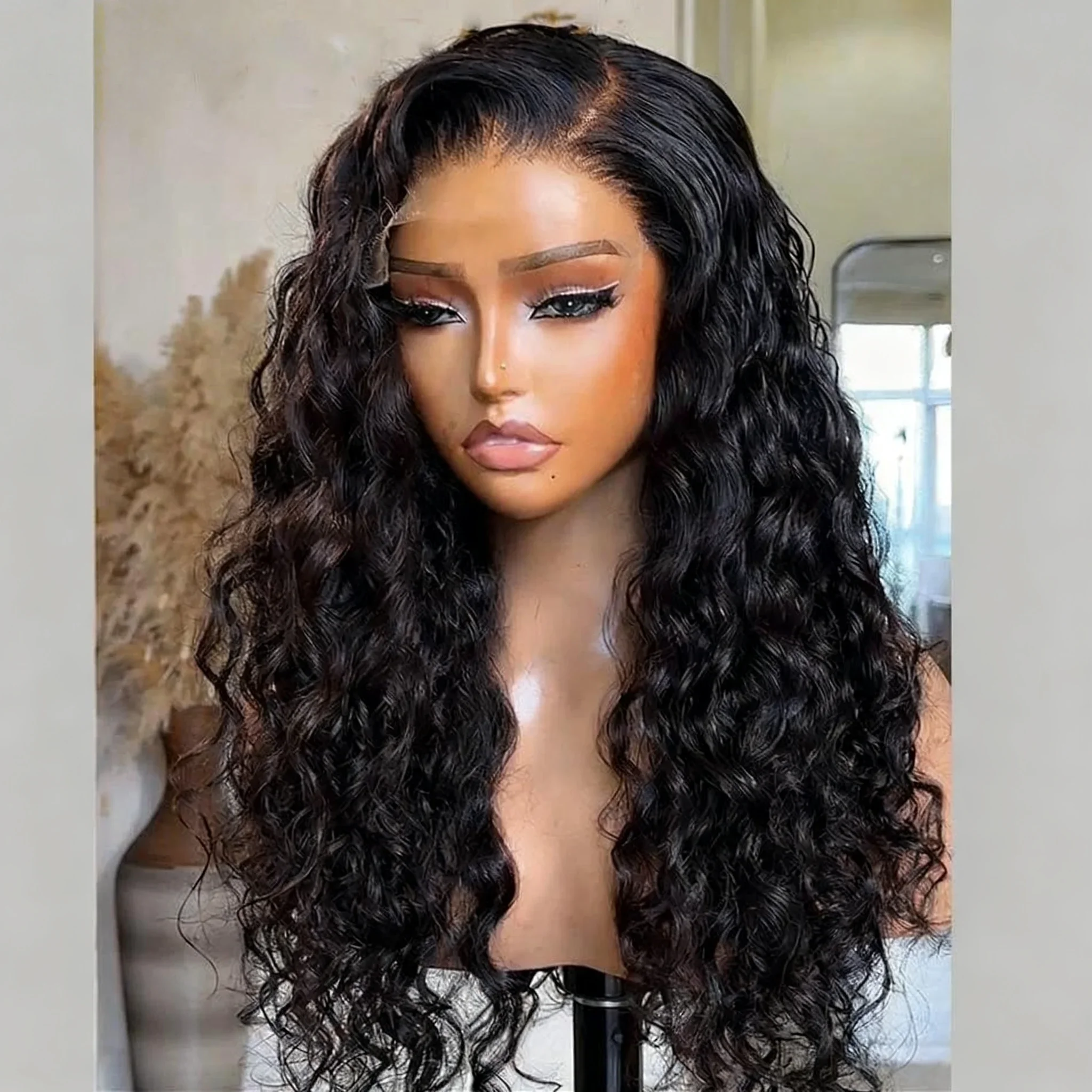 

Мягкий длинный натуральный черный кудрявый парик с кружевной передней частью, 26 дюймов, для женщин, с синтетическими предварительно срезанными прядями и без клея, с детской прядью волос, для повседневного использования