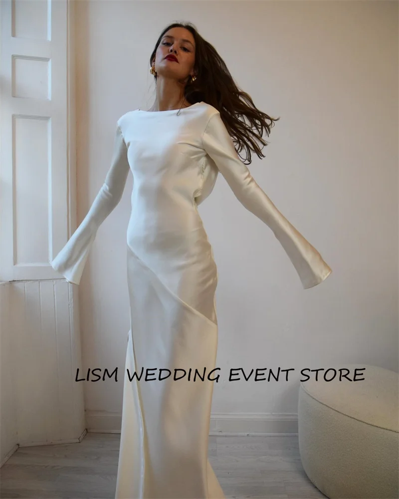 LISM Simple White Silk Satin abiti da sposa maniche lunghe Bateau Neck abiti da sposa alla caviglia abito da festa formale bianco arabo