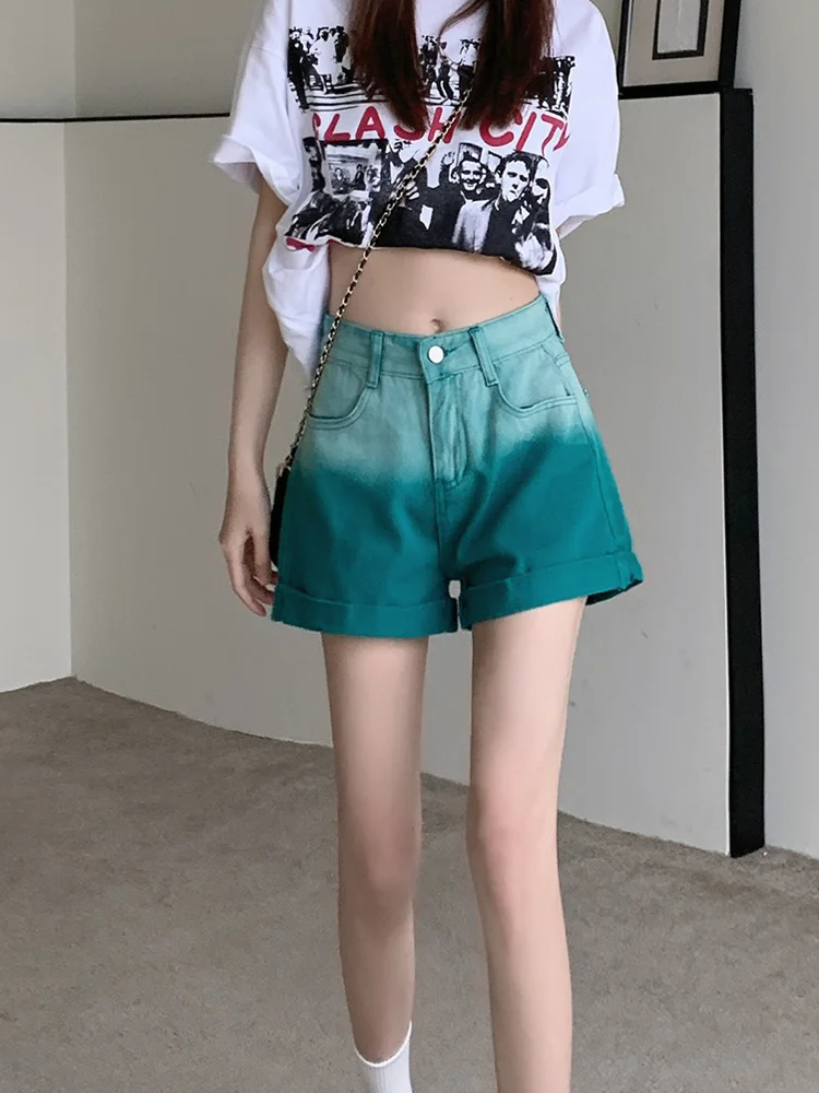 Women's Gradient Green Denim Shorts Aesthetic Streetwear Jeans Shorts 2000s Y2k Harajuku Cowboy Shorts Pants 2000s Clothes 2024