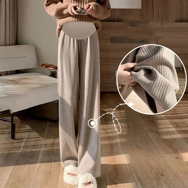 Pregnant Women Pants Knitted Wide Leg Trousers Pring Plush Thickened New Straight Tube Drape Casual Maternity Clothes