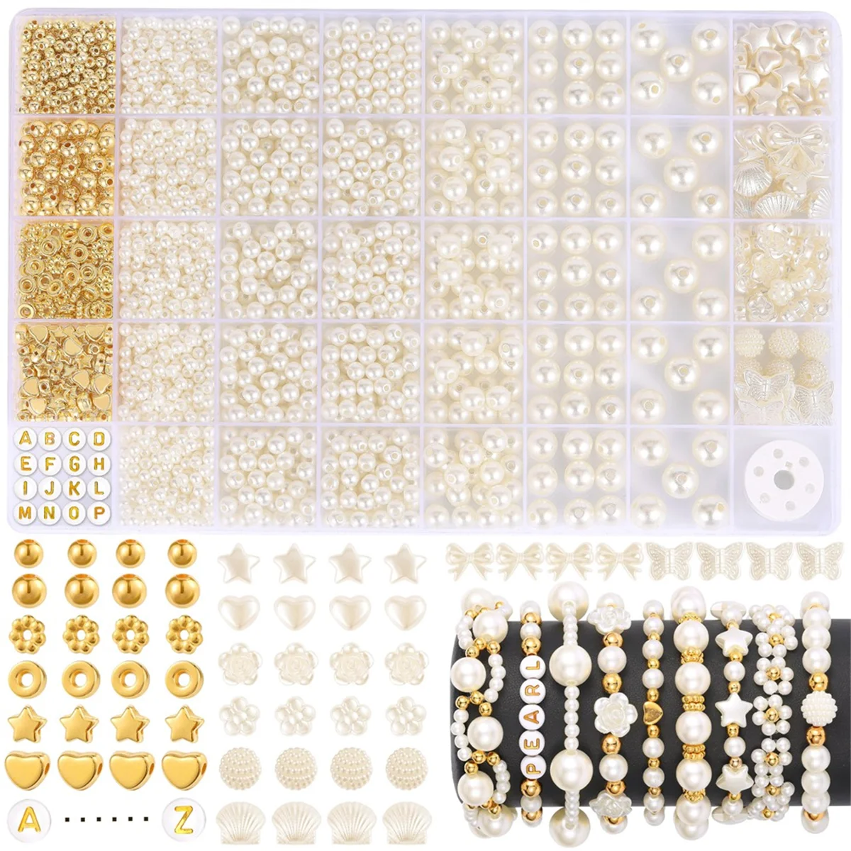 

ABXK 1860pcs Beads Bracelet Making Kit, 5 Sizes Round White Pearl Beads,Assorted Bead for Jewelry Making, DIY Art Crafts
