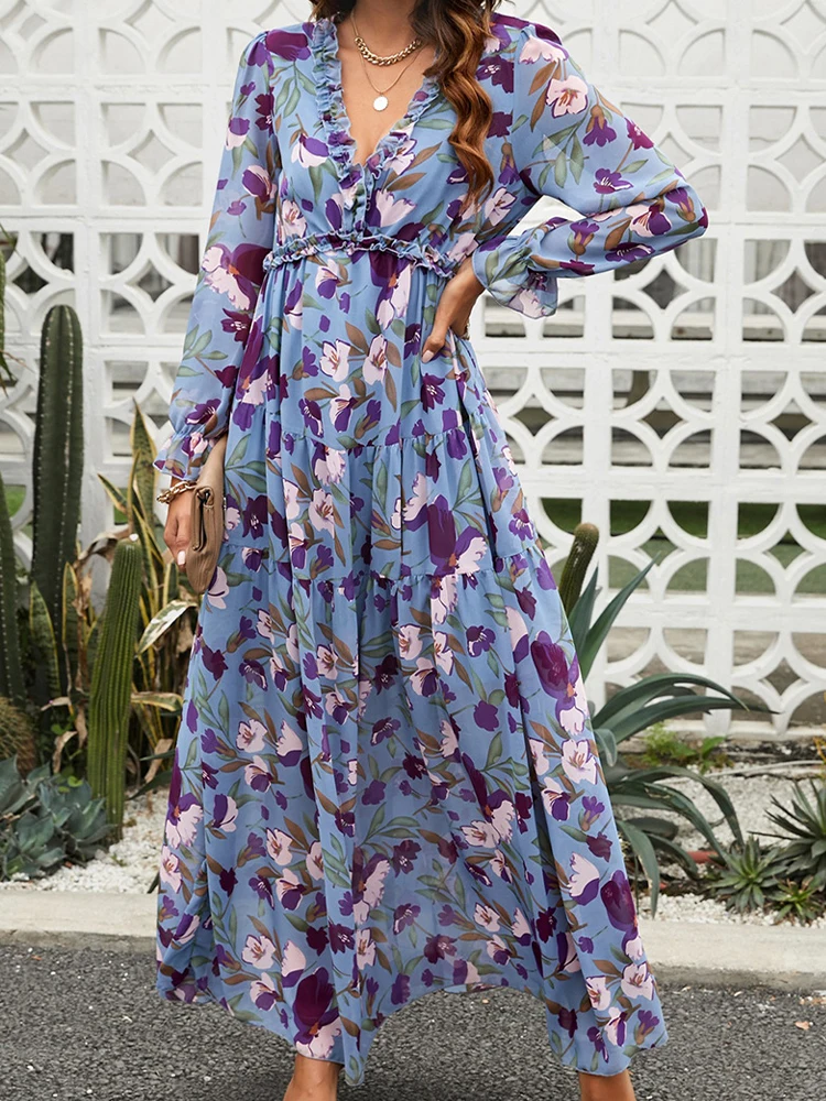 Bloemen Print Maxi Jurk Vrouwen Herfst Lange Mouw Jurken Dames Casual Losse V-Hals Lange Jurk Dames Ruche Boho Jurk