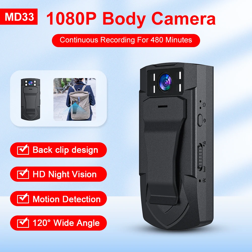 2023 MD33 Mini Cam PIR Video Camera Back Clip DV Smart Camera HD 1080P Recorder Body Motion Activated Small Nanny Cam for Car