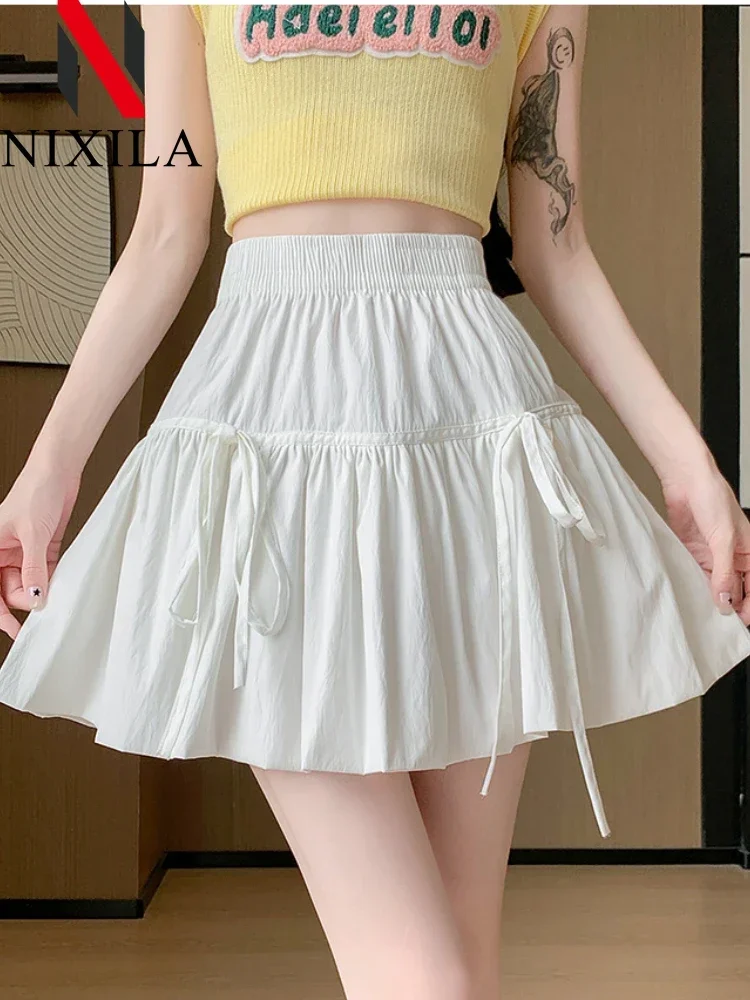 Summer Women Elegant Skirts Commuter Bustier White Bow Elastic Short Skirt Skirt Casual High Waist Temperament Female Clothing