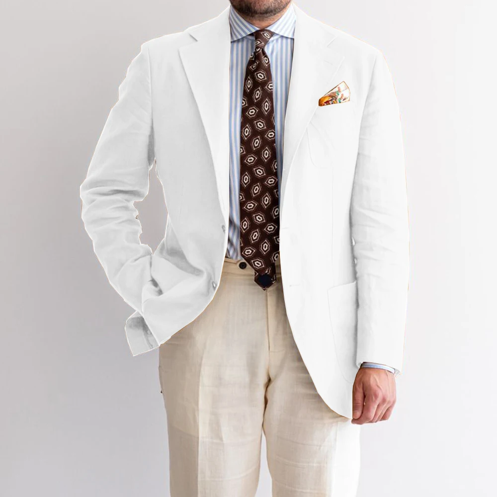 Jaket Setelan Linen Pria Blazer Elegan Kasual Slim Fit Kancing Sebaris Pakaian Formal Bisnis Nyaman Mantel Kantor Pria Bergaya