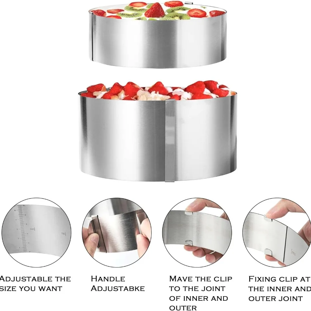 قالب كعك مستدير من الفولاذ المقاوم للصدأ قابل للتعديل بارتفاع 6 إلى 12 بوصة 6-15 سم مع قالب مقياس دقيق حلقة خبز لخبز موس #3