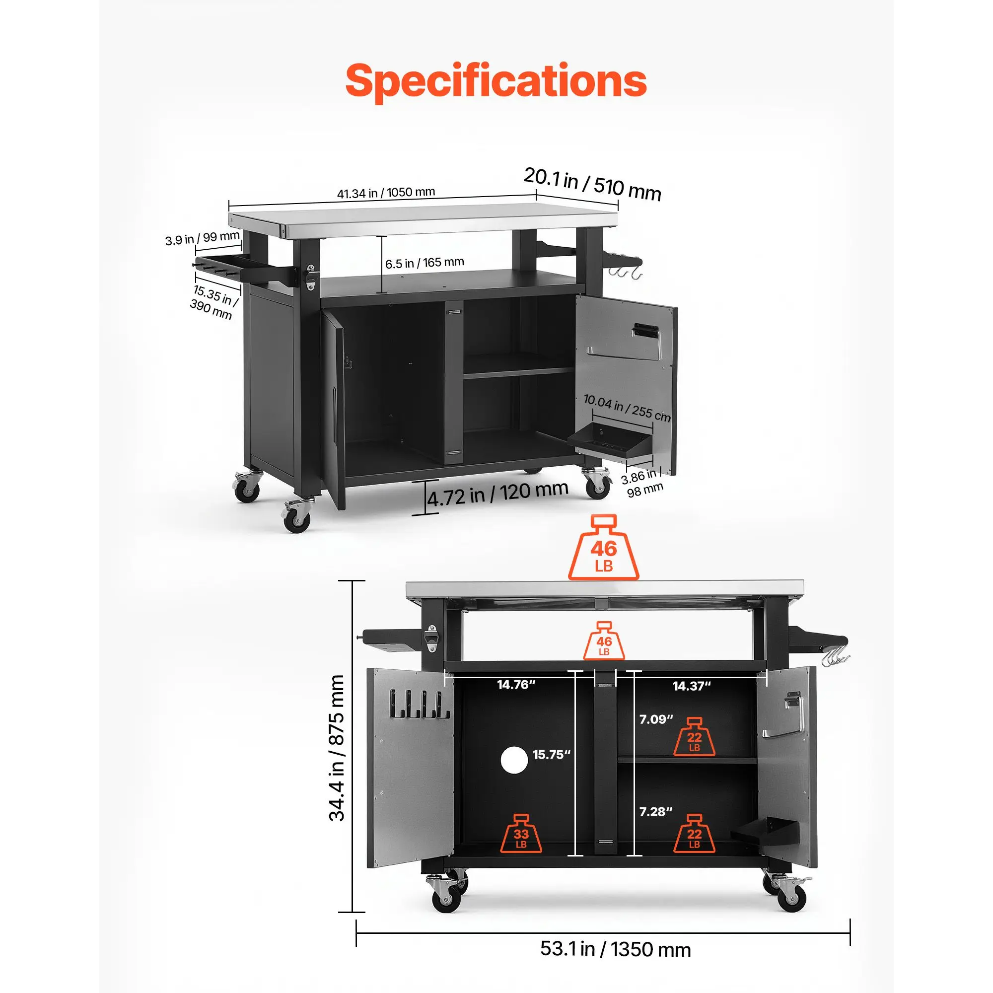 Outdoor Grill Cart with Storage Cabinet, 53.1 Inch Grill Table, Waterproof Kitchen Island with Stainless Steel Top, Shelf, and Wheels, Movable Food Prep Station for Patio Bar Backyard BBQ