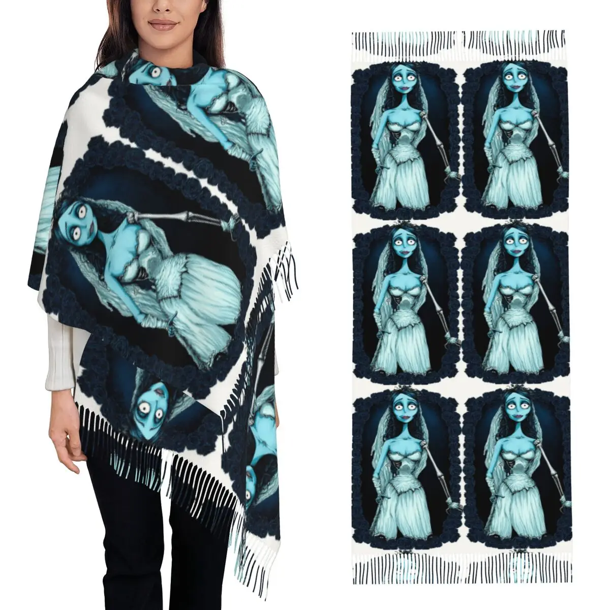 

Хэллоуин Труп невесты Скелет Эмили Девушка Тим Бертон Шарф Шарфы с кисточками Женские шали и накидки Большая осенне-зимняя шаль