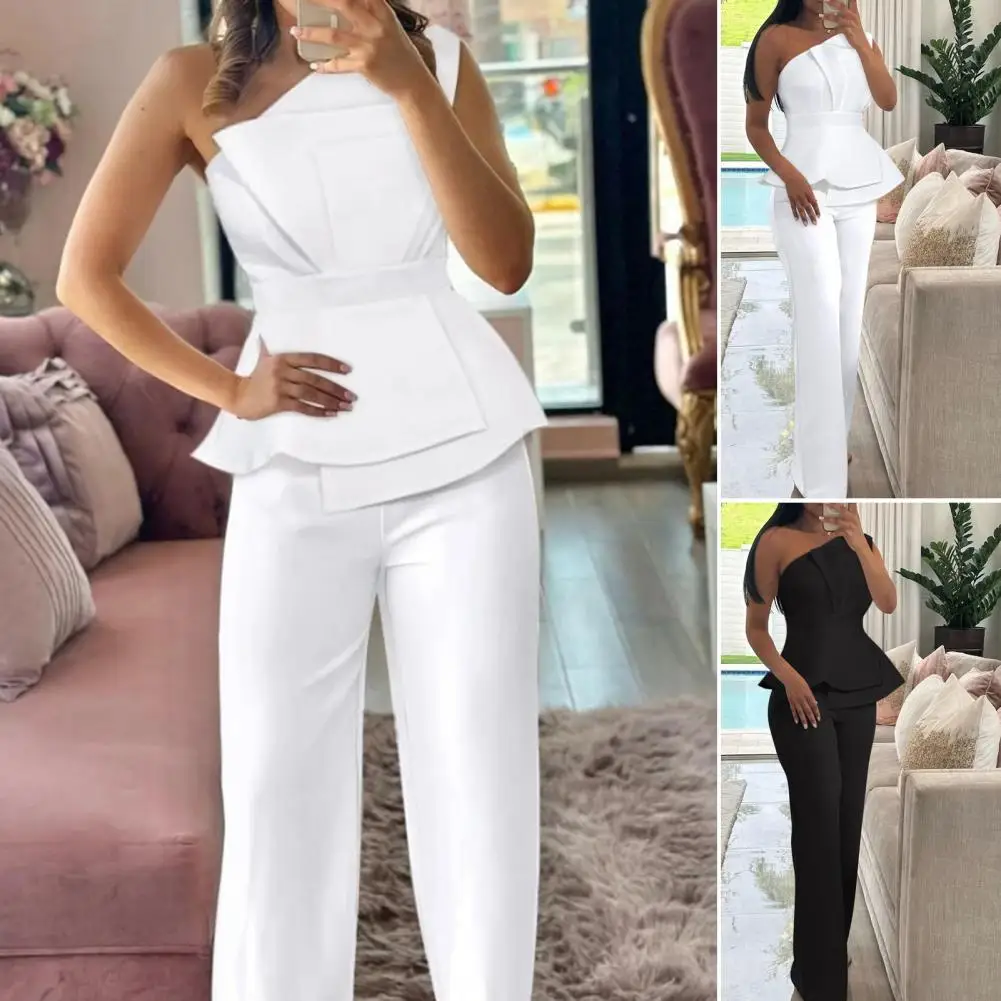 Conjunto de Top y pantalón para mujer, traje elegante de un hombro, traje Formal para fiesta, banquete, diseño de cuello inclinado, cintura ajustada