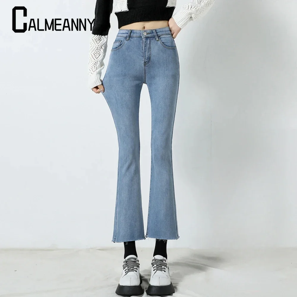 

2023 Women's new fleece thick jeans flare bottoms high-waist stretch warm jeans Winter warm plush mom pants women flare trousers