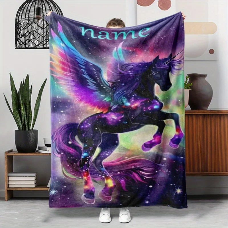 1 personalized custom named unicorn flannel blanket, magical purple winged unicorn, soft and lightweight shawl, birthday _ Chris