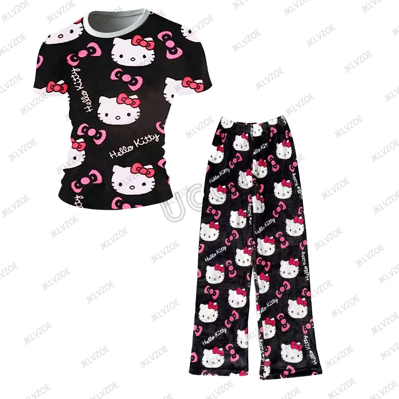 

2025 Summer New Hello Kitty Cartoon Men's Tracksuit T Shirt+Sleeping Trousers Casual Suit Oversized Clothes 2 Piece Set Outfit