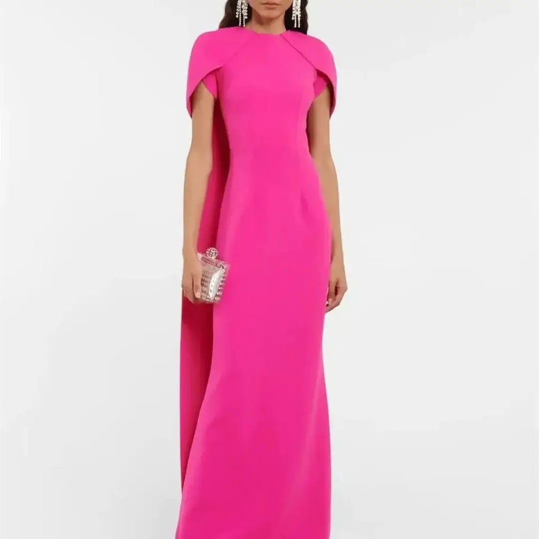 Dora Dress Vintage Long Hot Pink Crepe abiti da sera con mantello guaina o-collo Watteau Train Prom Dress Robes de Soirée for Wome