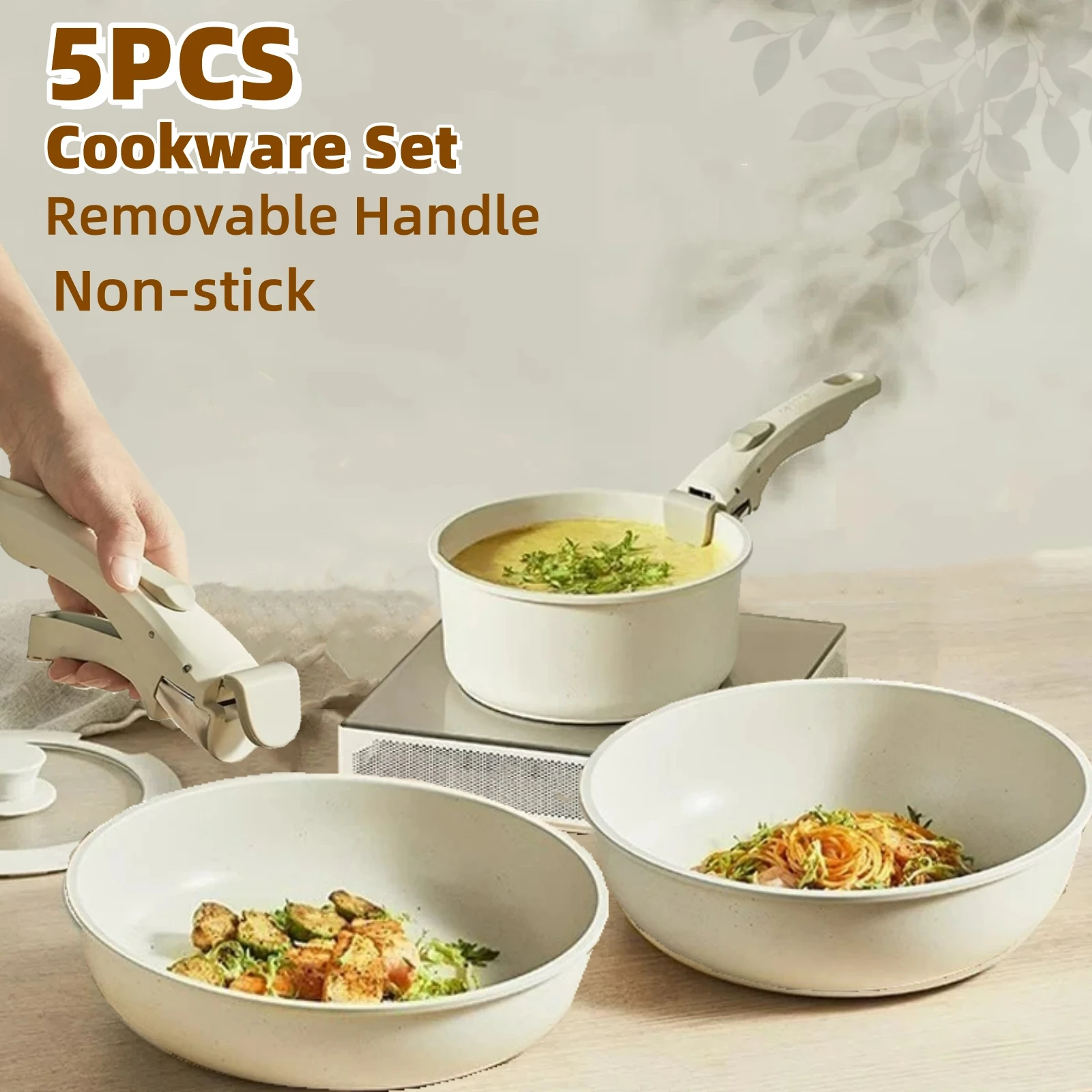 5PCS Granite Cookware Set Non-stick Pots Pans Kitchen Set With Removable Handle Induction RV Camping Cooker Kit With Glass Lid