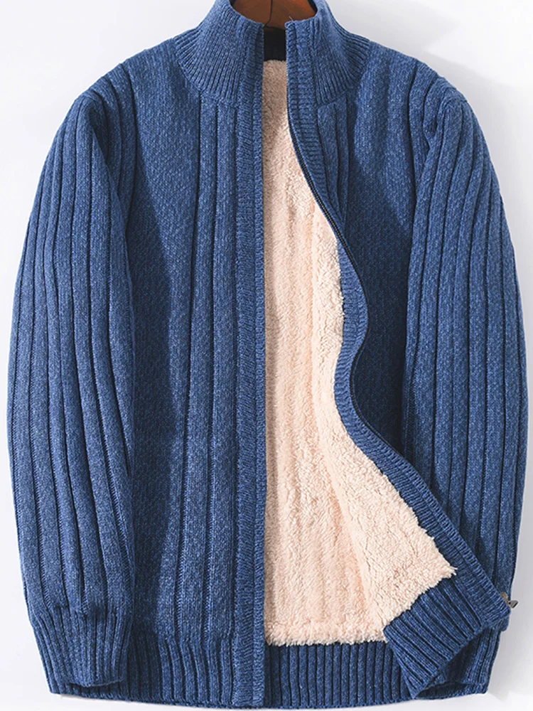 Autumn Winter Striped Design Thickened Fleece Blue Black Sweater Men's Stand Collar Slim Fit Casual Gray Knitted Cardigan