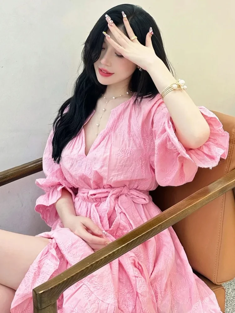 M Home dulce coreano Sle bordado V Ne Tie cintura linterna Sve Dr otoño nueva llegada mujer cintura alta Dr